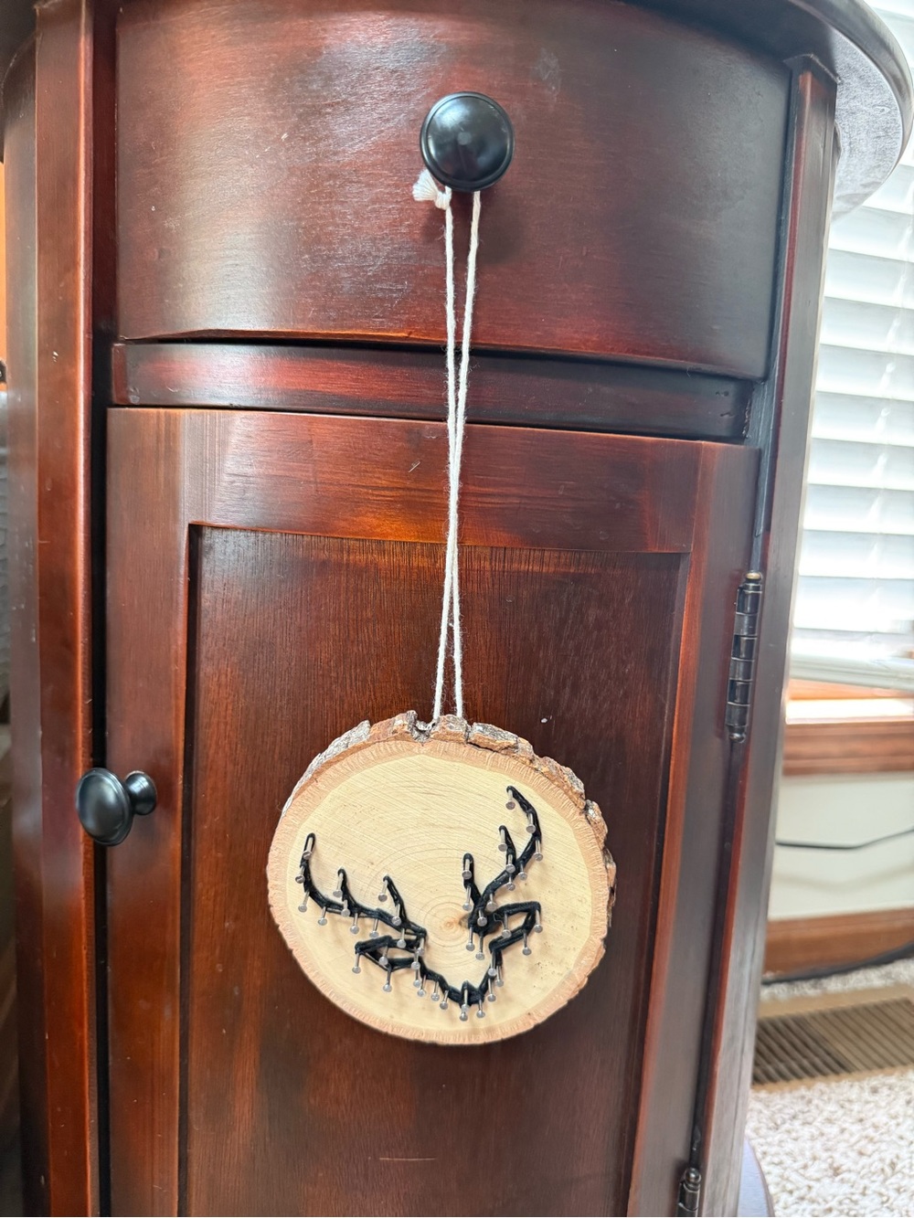Handmade Wood Slice Deer Antler String Art Ornament - Natural & Black